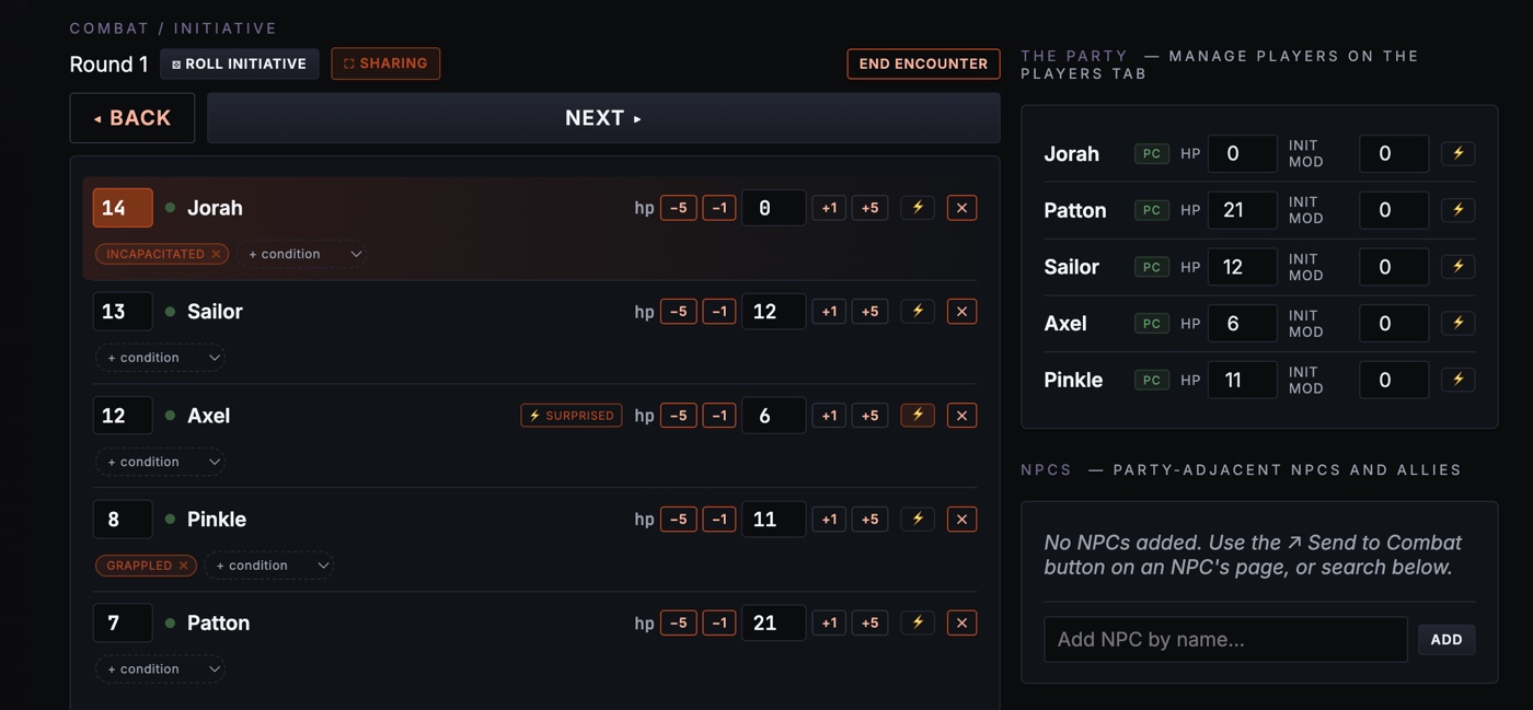 The combat tracker mid-encounter: initiative order with hit point steppers, incapacitated and grappled conditions, and the party's hit points listed alongside.