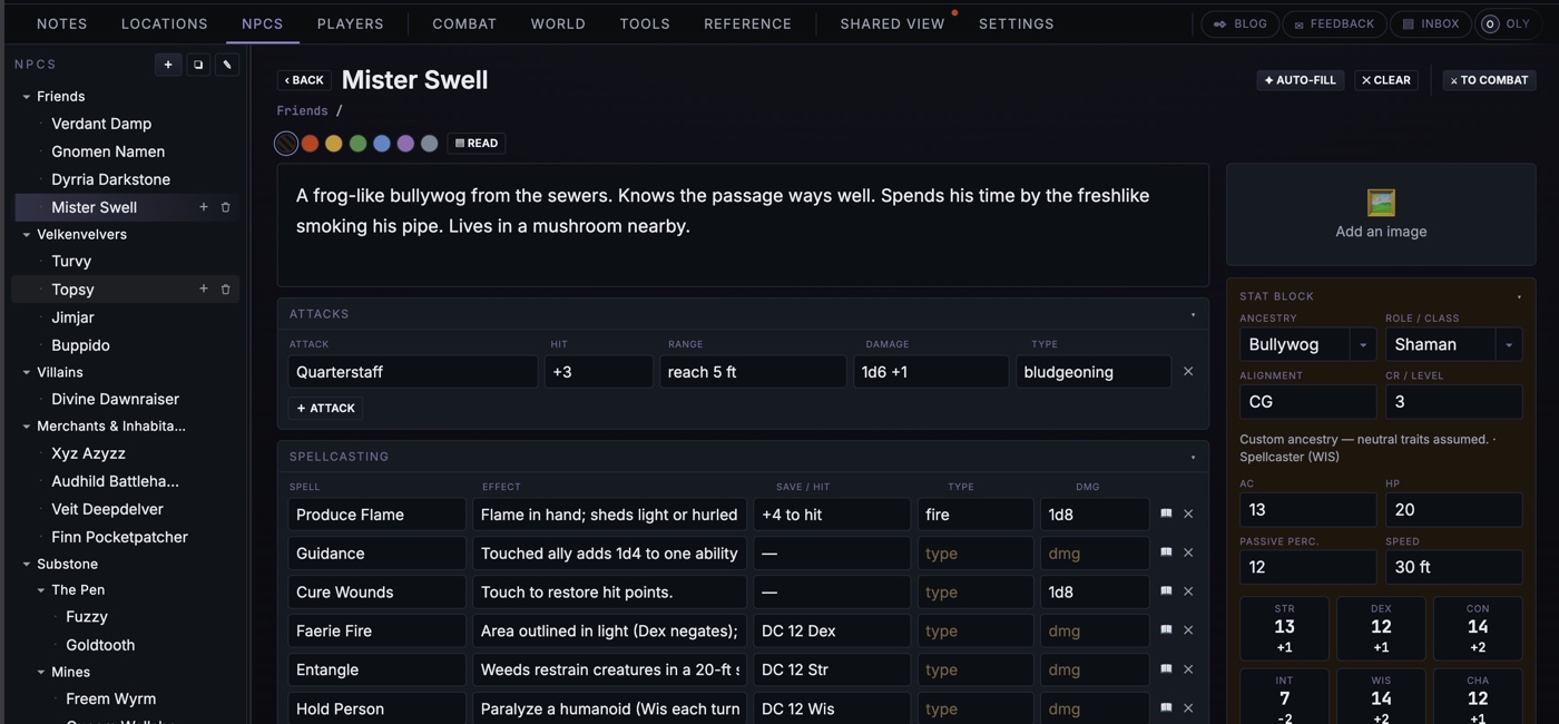 An NPC page for Mister Swell: a description, an attacks table, a spellcasting list, and a stat block panel with ancestry, class, armour class, hit points and ability scores.