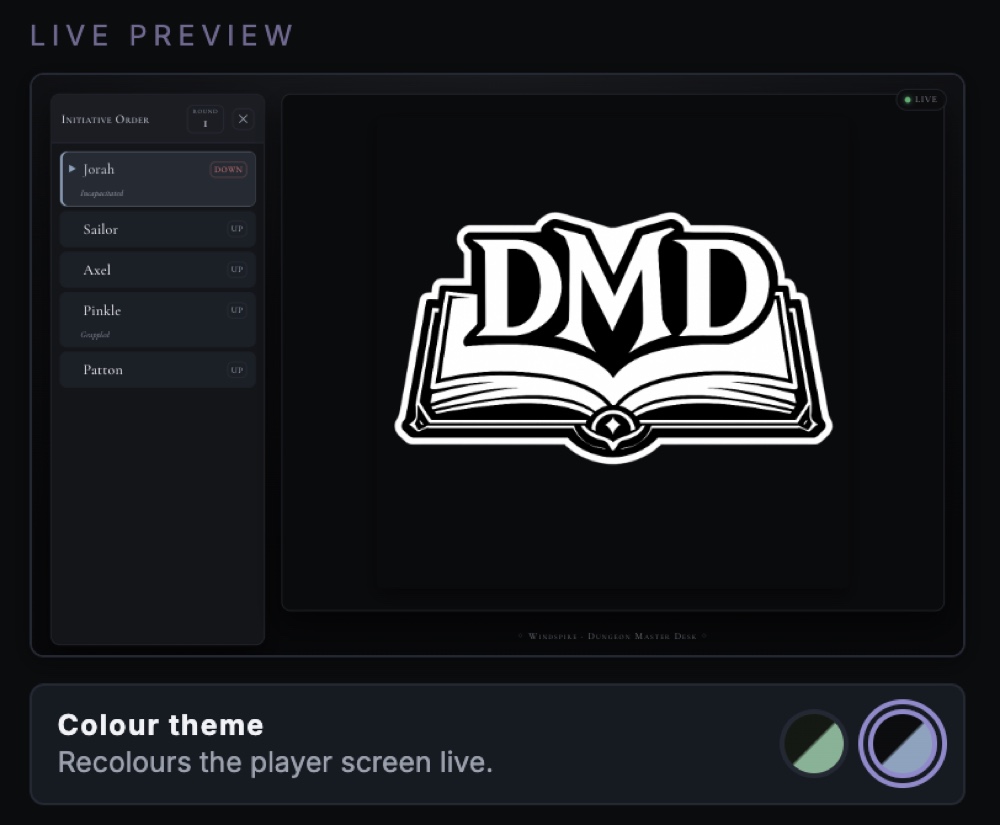The Shared View live preview: the player-facing screen showing a spoiler-free initiative order marked up or down beside a shared image, with a colour theme switcher.